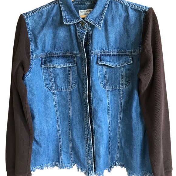 Upcycled Jean Shirt, Size M: Painted Wild Free Moon Graphic, Patchwork Jacket - Picture 12 of 13